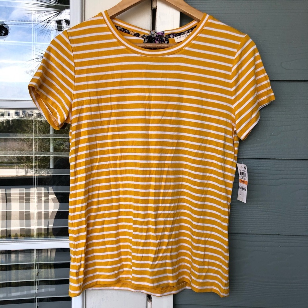 Maison Jules Striped Bow-Back Crew Neck T-Shirt Small Yellow Tee